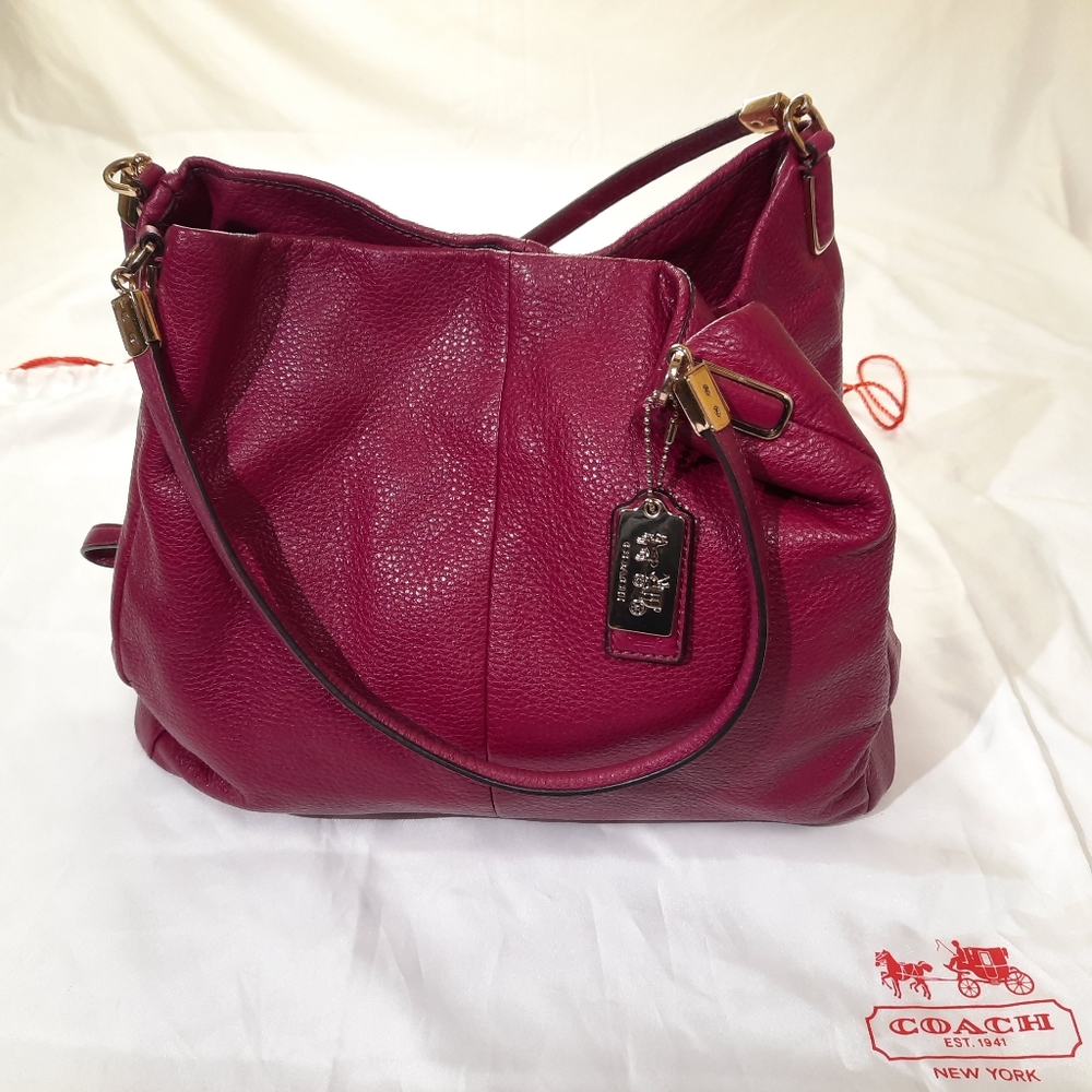 Coach Madison Phoebe Cranberry Fuschia Pebbled Leather Shoulder Bag With Dustbag